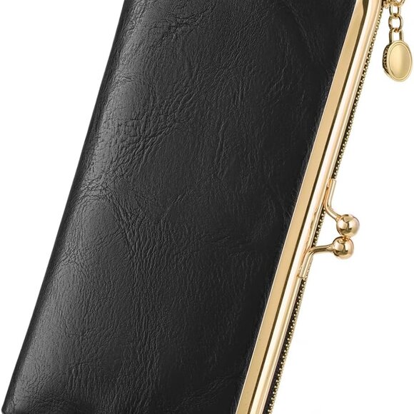 Elegant Vintage Women's Bifold Wallet with Kiss-Lock – Compact Black Clutch - Picture 1 of 8